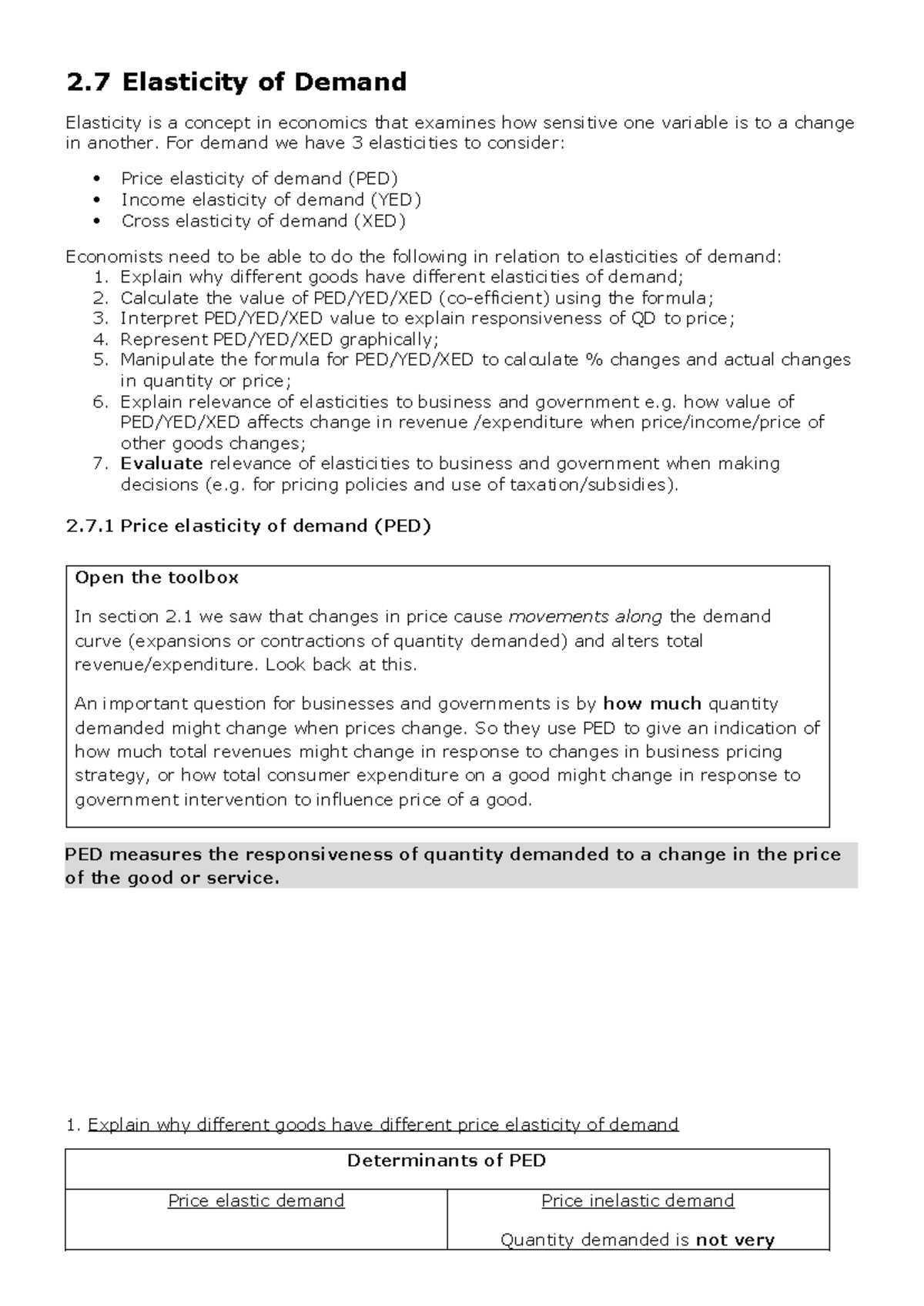 Theme 1 Study Guide - Section 2.7 - 2022-23 - 2 Elasticity of Demand ...