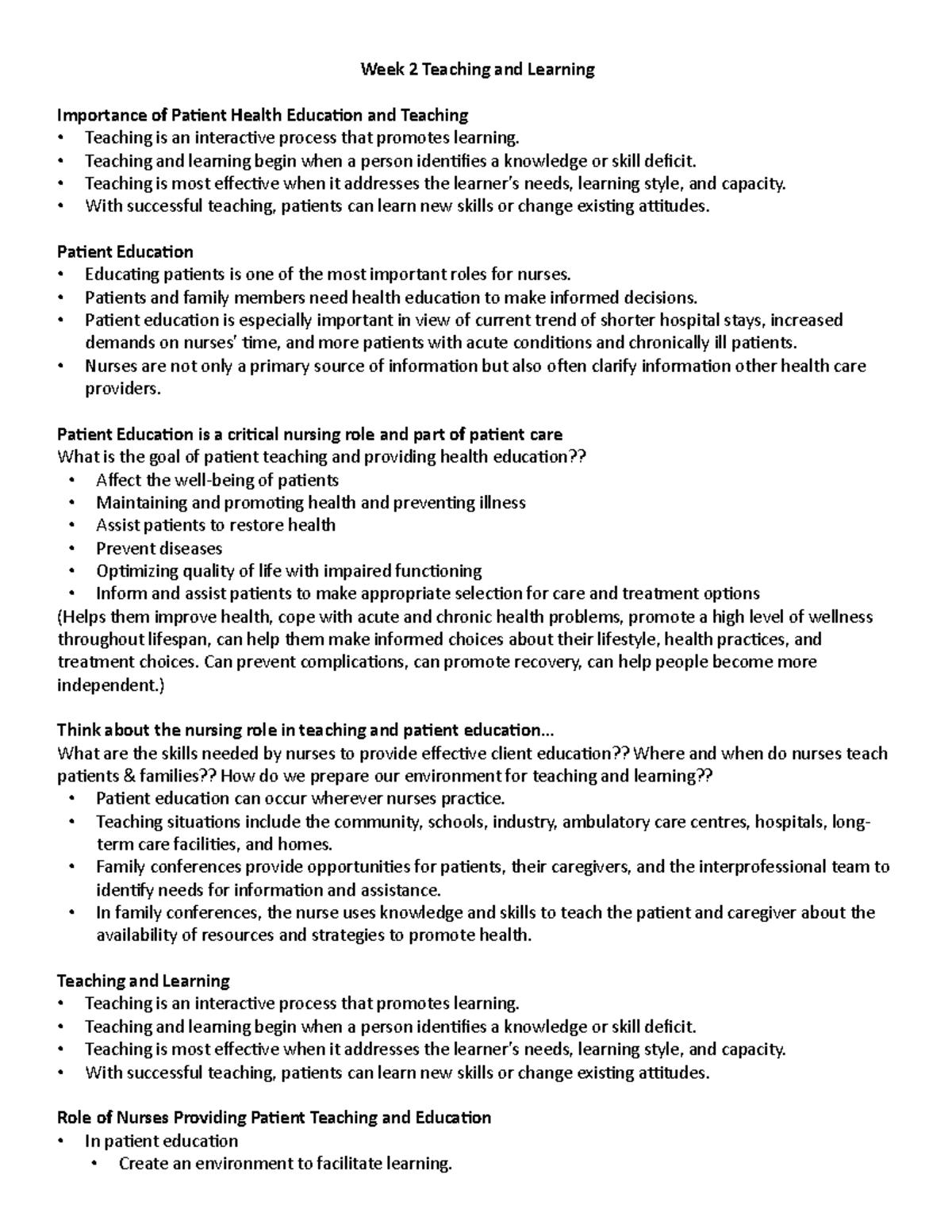 NUR 101 - Week 2 Lecture Notes: Importance of Health Teaching - Studocu