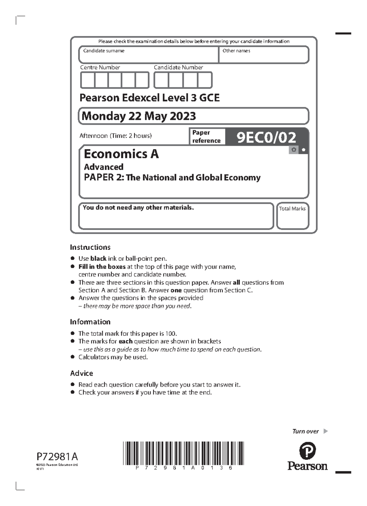 682433711 Edexcel a Level Economics a Question Paper 2 June 2023 ...
