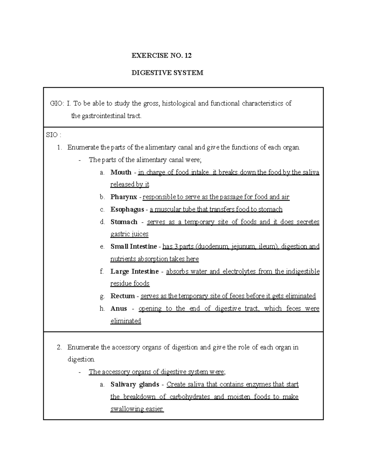 Digestive System LAB-exercise - EXERCISE NO. 12 DIGESTIVE SYSTEM GIO: I ...