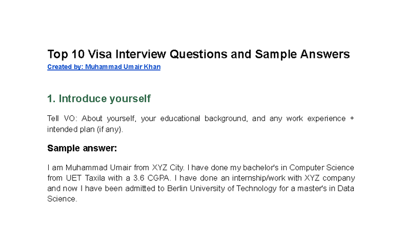 Top 10 Visa Interview Questions & Sample Answers for Study Abroad - Studocu