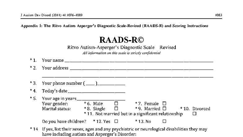Raads R Autism Test - Appendix 1: The Ritvo Autism Asperger’s ...