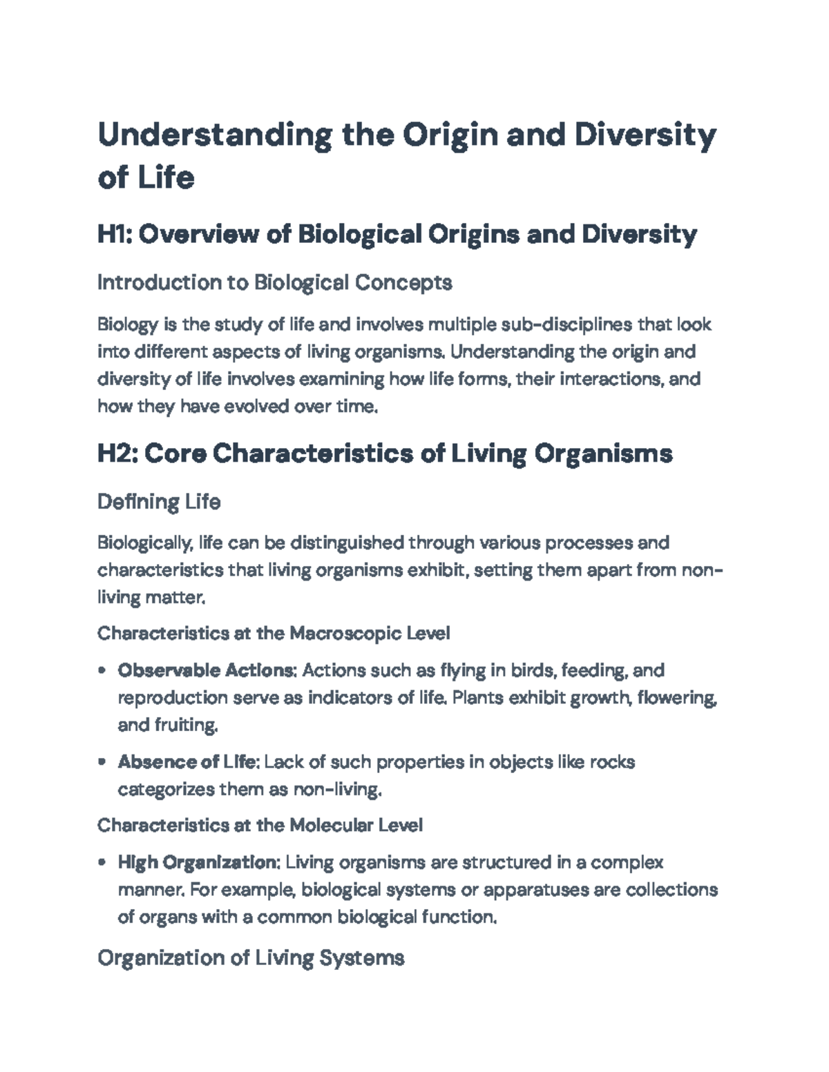 Understanding Biological Origins and Diversity - Concepts and Methods ...