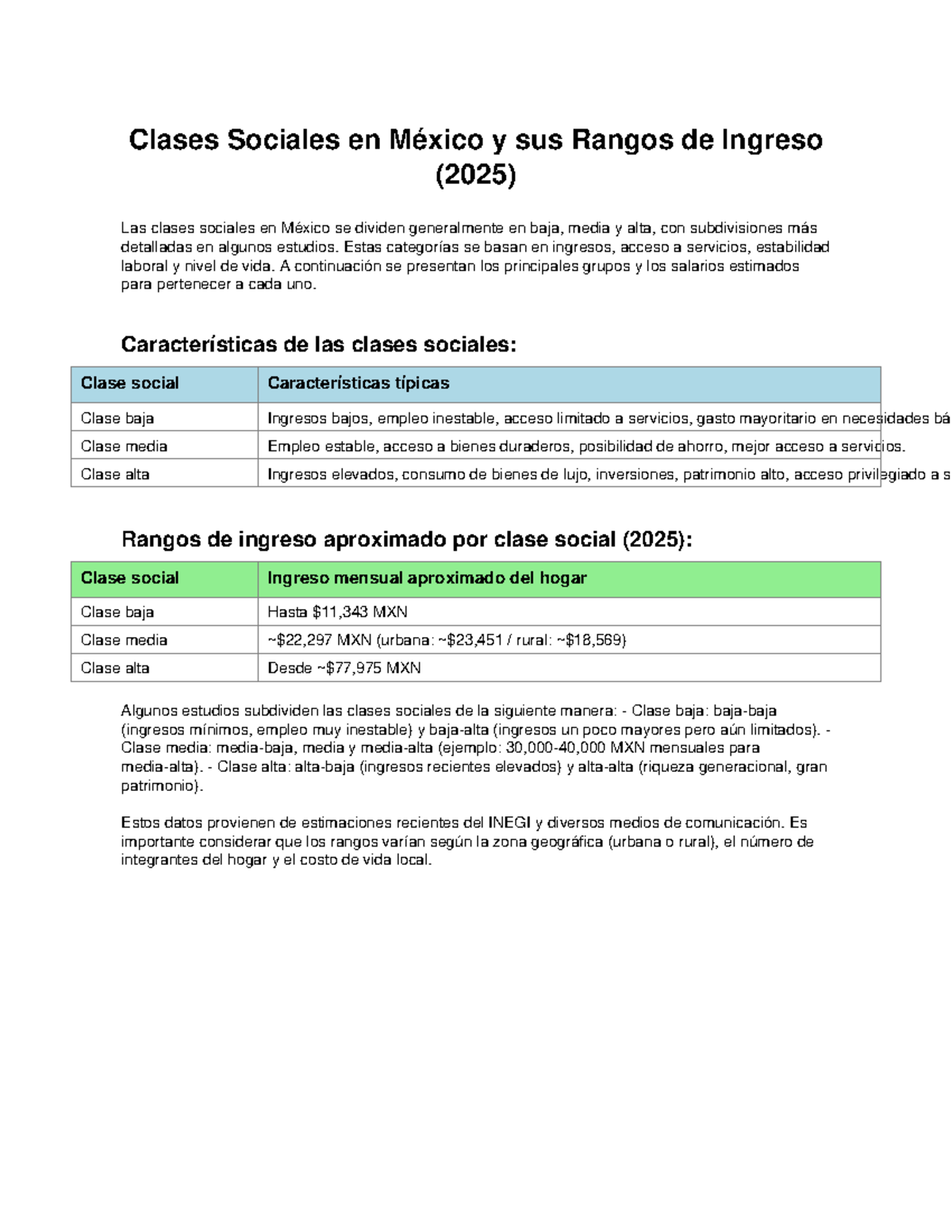 Clases Sociales en México: Rangos de Ingreso (2025) - Studocu