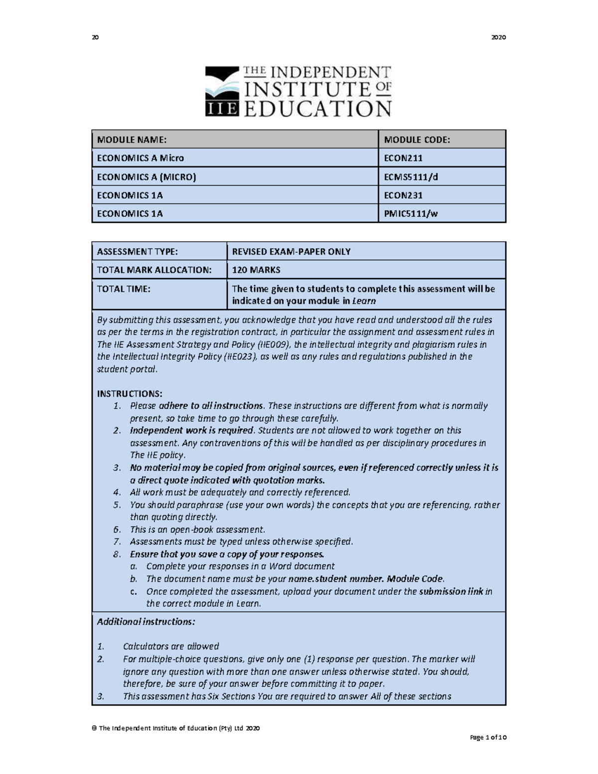 PMIC5111 Economics A (Micro) 2020 Assessment Instructions and ...