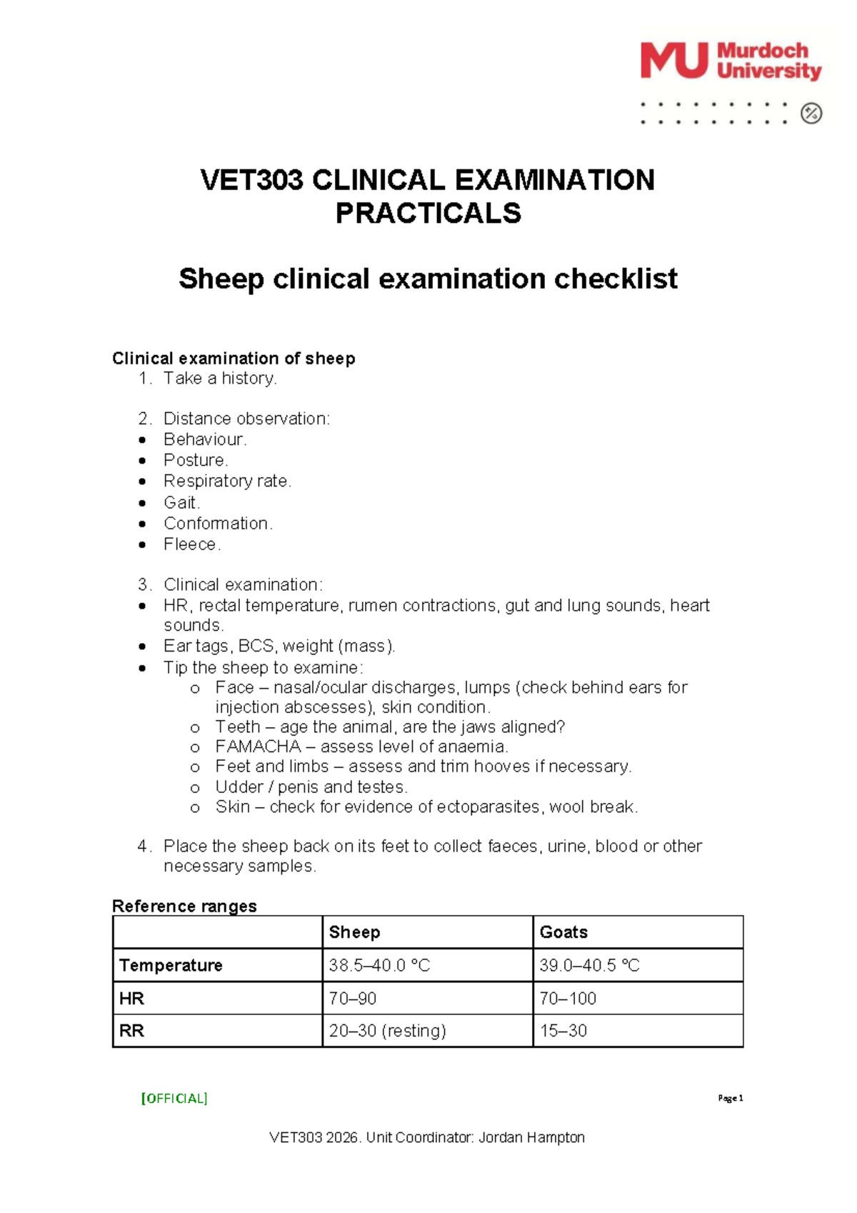 VET303 Clinical Examination Practicals: Sheep Checklist & Techniques ...