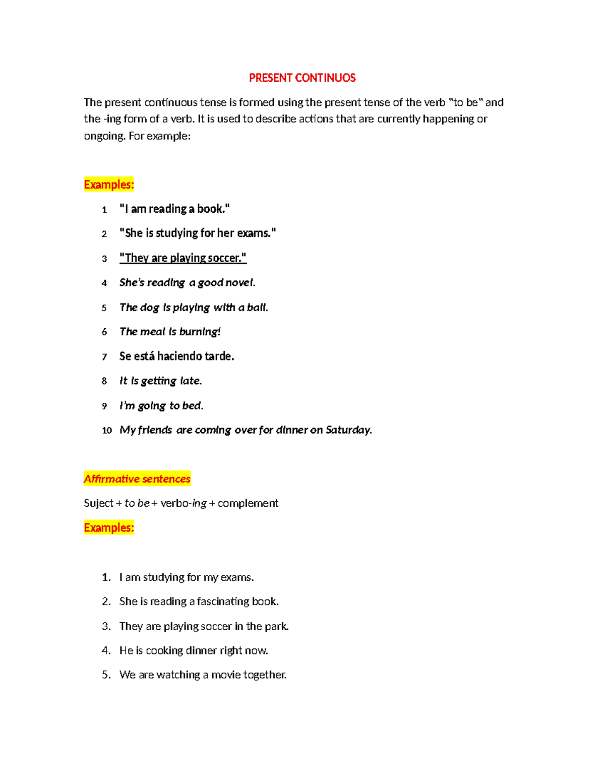 PRESENT CONTINUOUS TENSE: EXAMPLES & EXERCISES - Studocu