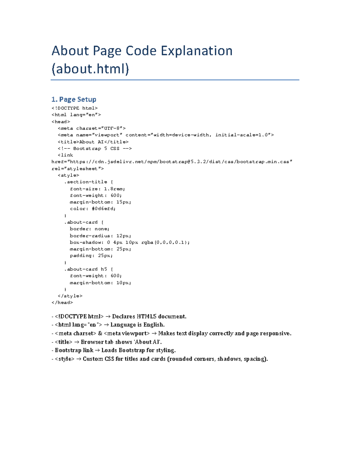 About Page Code Explanation: Bootstrap 5 & AI Overview - Studocu