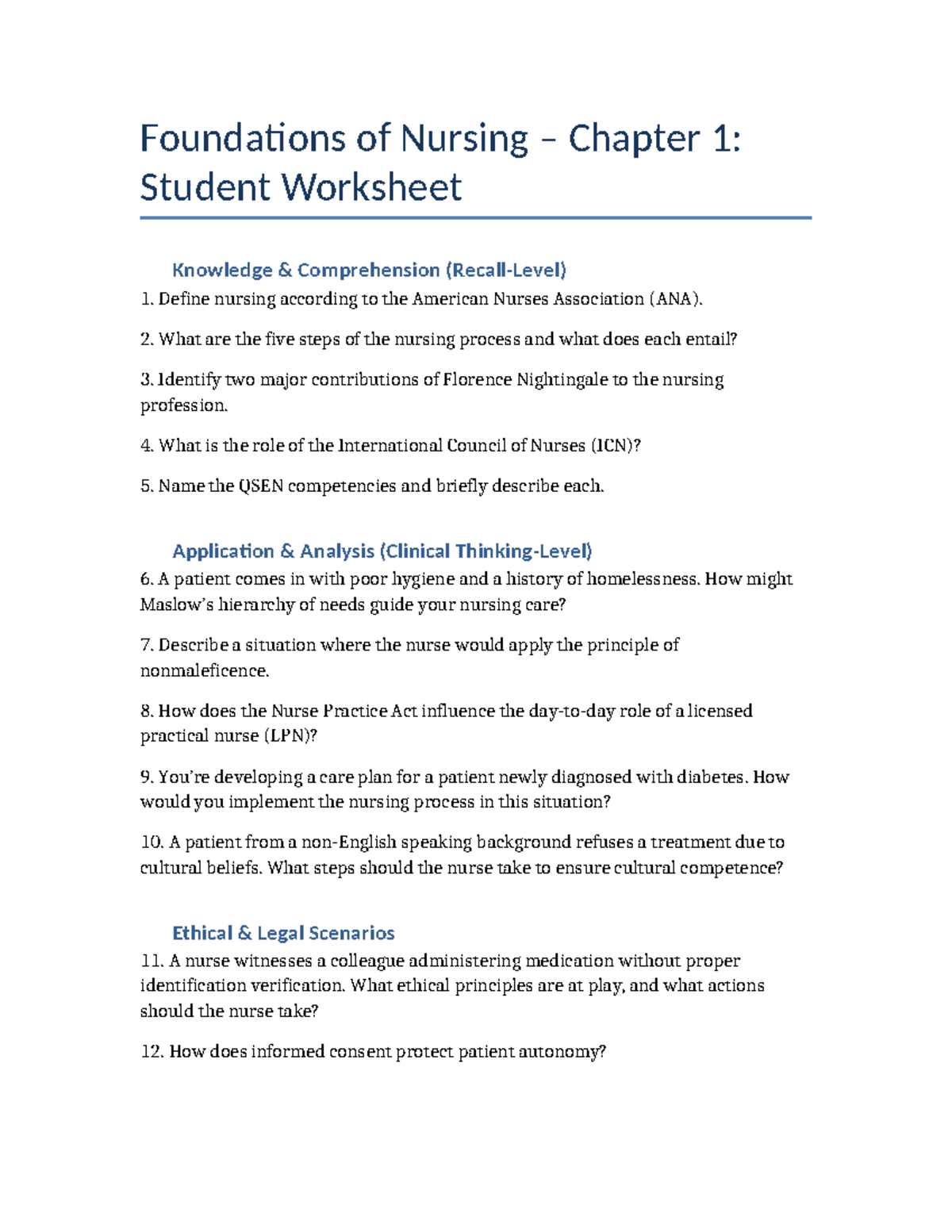 NUR 101: Foundations of Nursing Chapter 1 Student Worksheet - Studocu