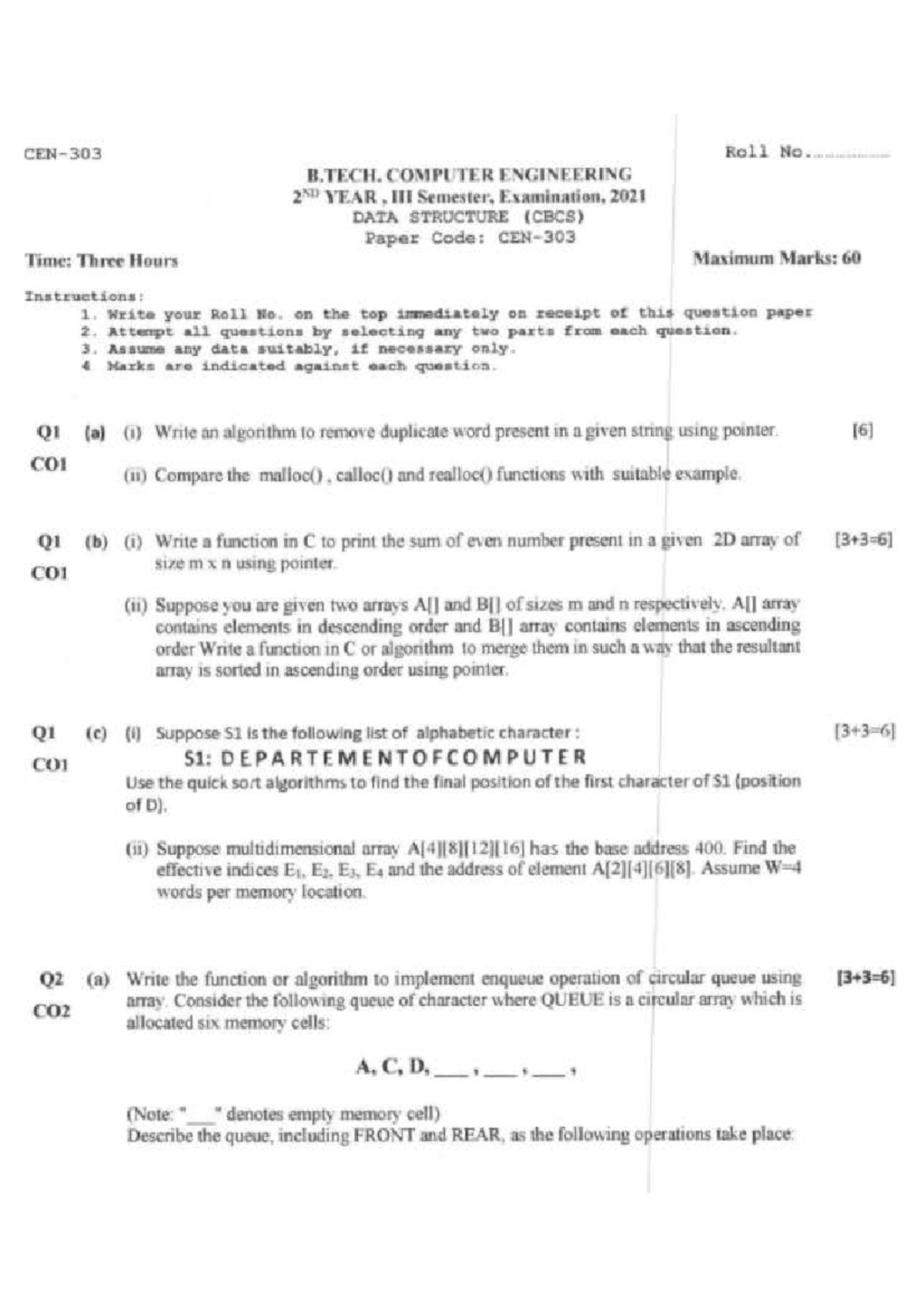 DS Endsem Ques Paper - very useful notes - Roll No B. COMPUTER ...