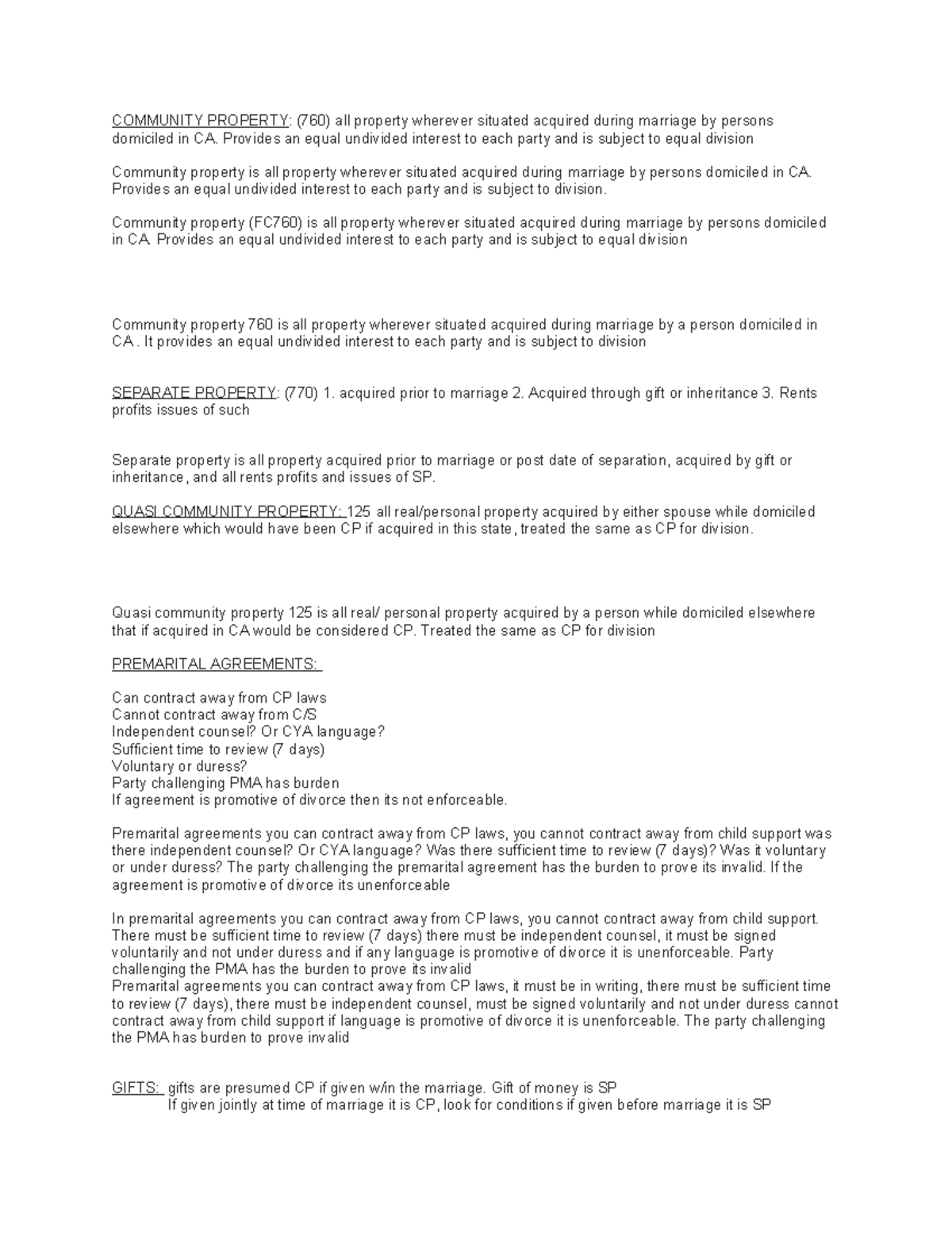 CA Family Law: Community Property & Related Topics (760) Outline - Studocu