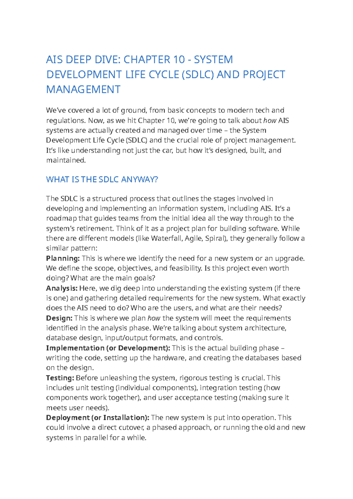 AIS 101: Chapter 10 SDLC & Project Management Overview - Studocu