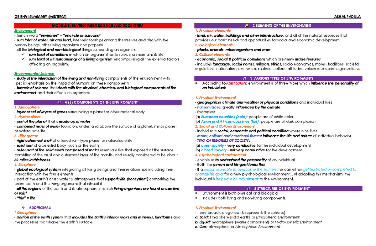 Midterm Study Guide for ENVI: Ecosystems and Environmental Science ...