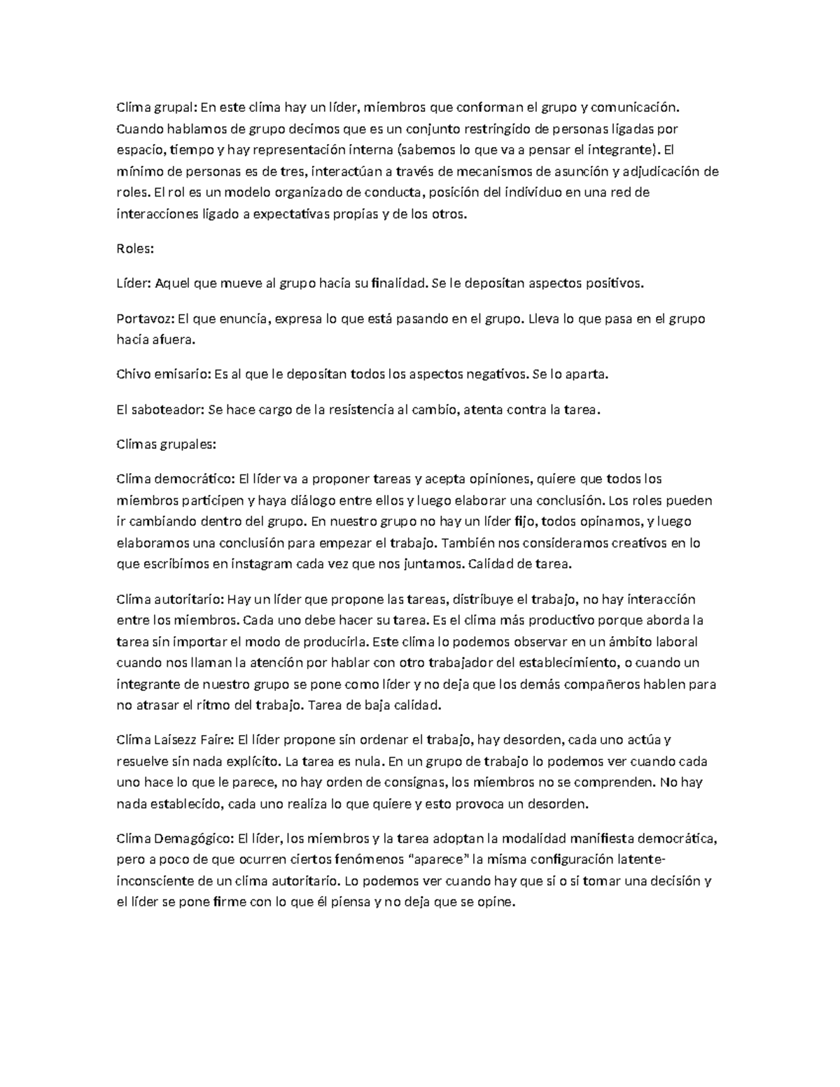 Clima grupal psicosocial: Roles y tipos de climas en el grupo - Studocu