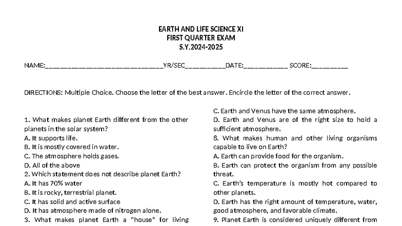 Earth and Life Science XI Q1 Exam: Multiple Choice Questions - Studocu