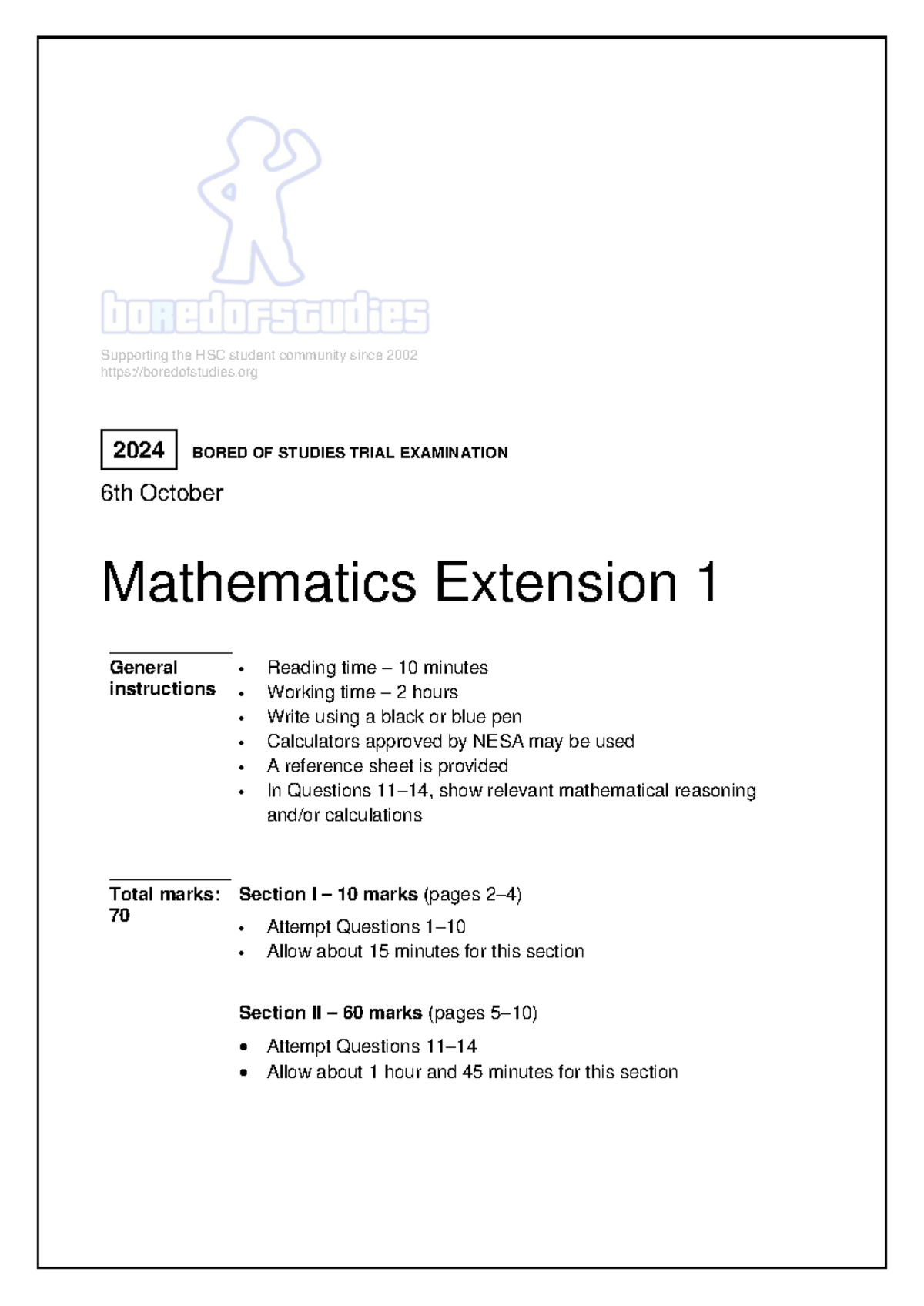2024 HSC Mathematics Ext 1 Trial Exam Paper - Bored of Studies - Studocu