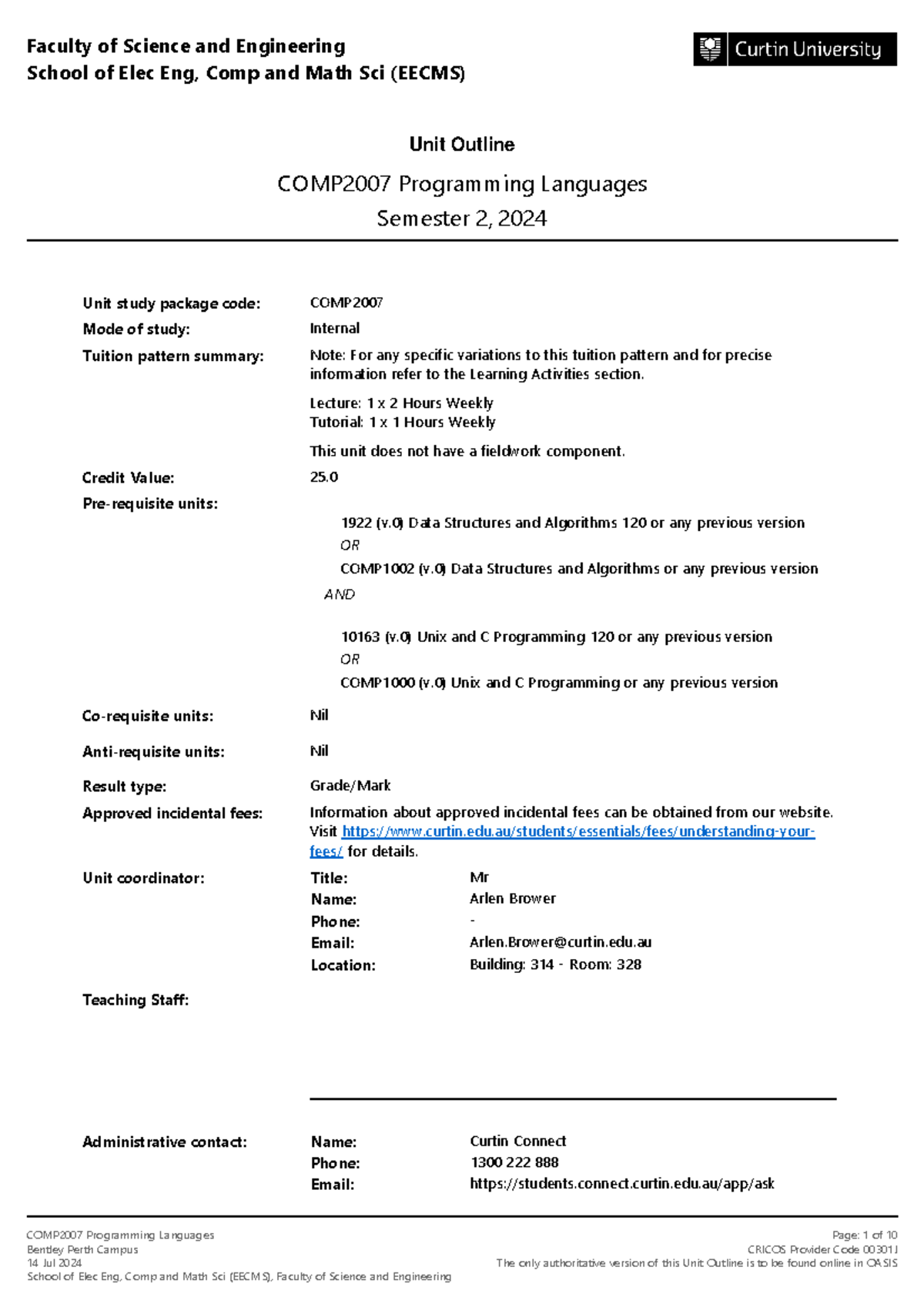 COMP2007 Programming Languages Unit Outline - Semester 2, 2024 - Studocu