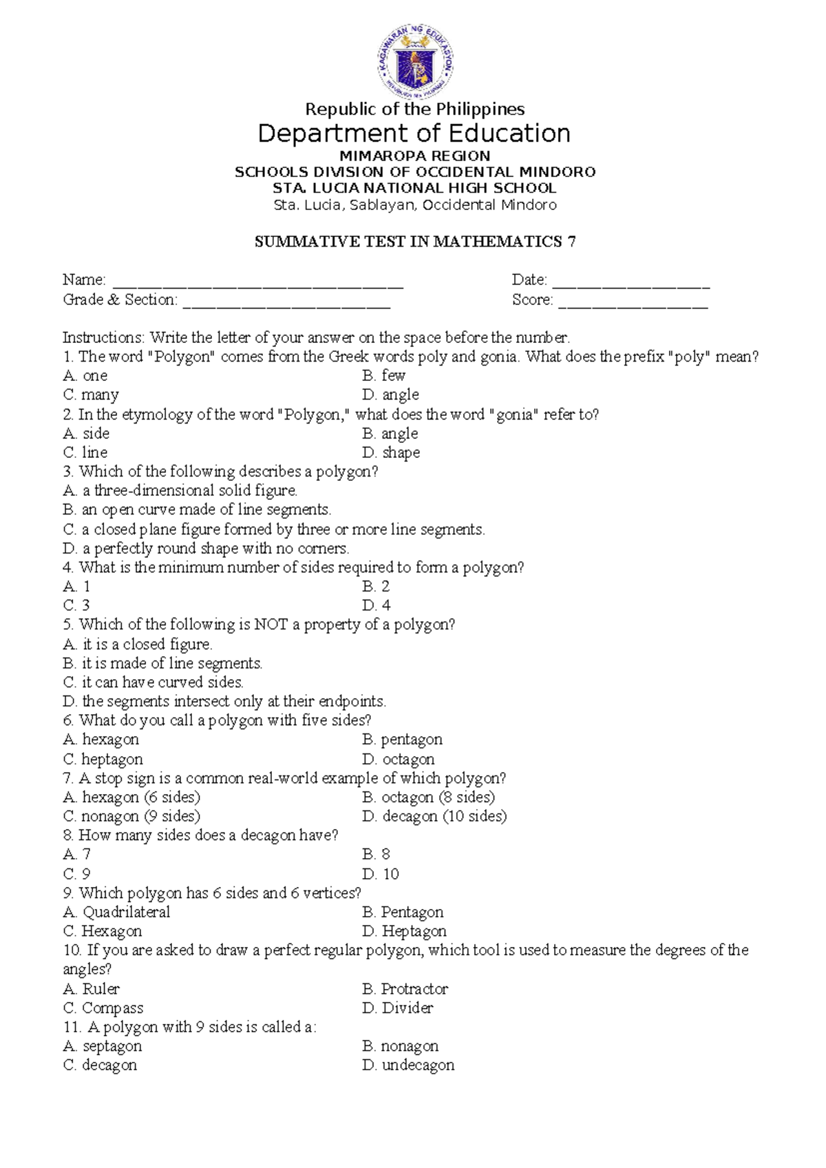 1ST Summative Test in Math 7 - Philippines Education System - Studocu