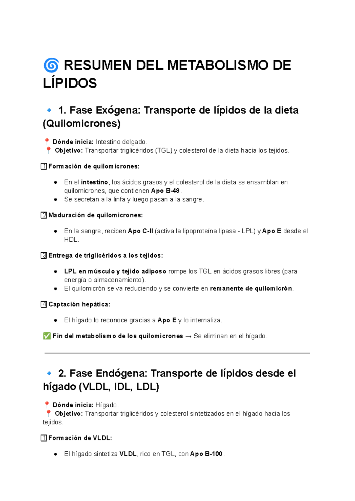 Resumen del Metabolismo de Lípidos: Fases Exógena y Endógena - Studocu