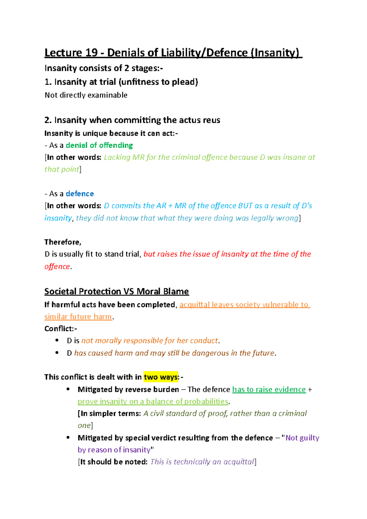 Lecture 19 - Denials of Liability OR Defence (Insanity) - Lecture 19 ...