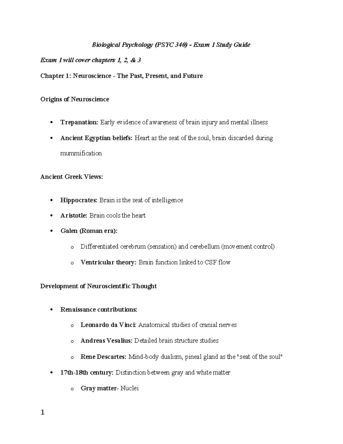 Biological Psychology (PSYC 340) - Exam 1 Study Guide & Key Concepts ...