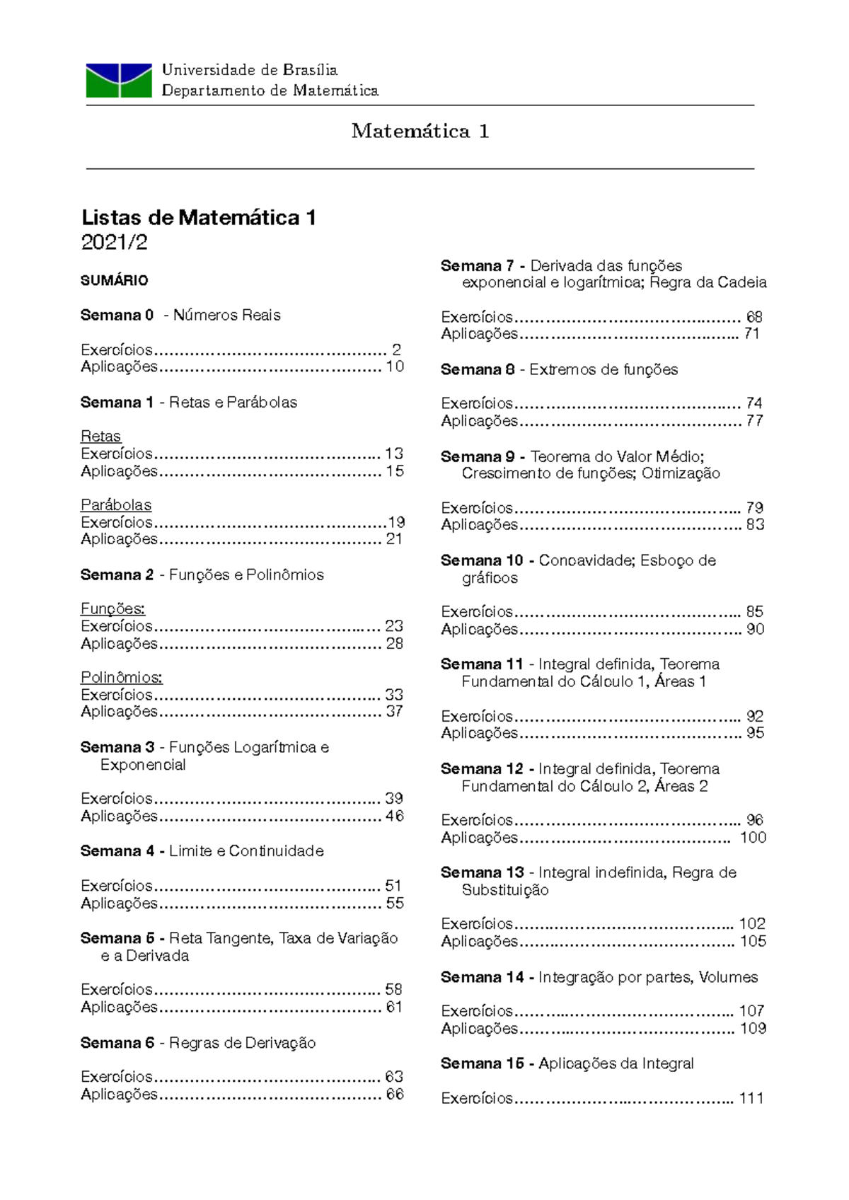 Exercícios de Matemática 1 - UnB (260311) - Plano de Ensino e Conteúdos ...
