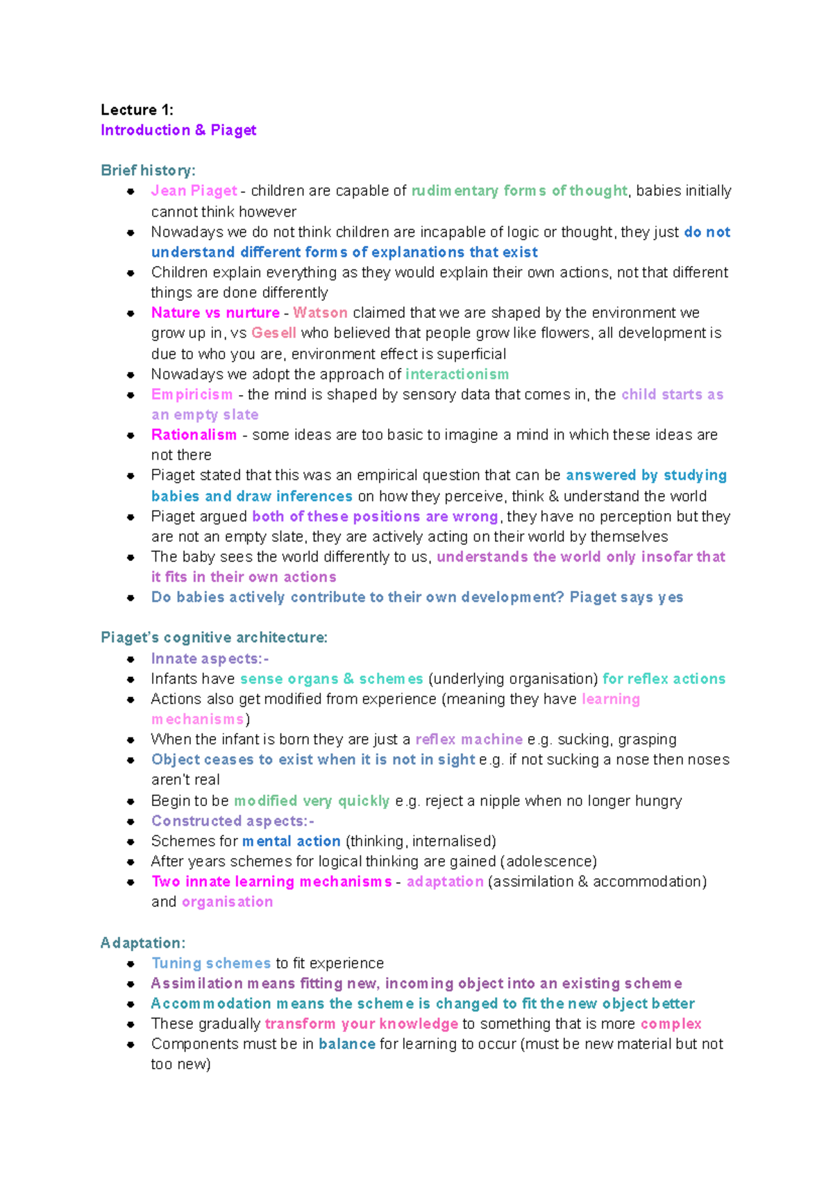 PSY 101: Lecture Notes on Developmental Psychology & Piaget's Theory ...