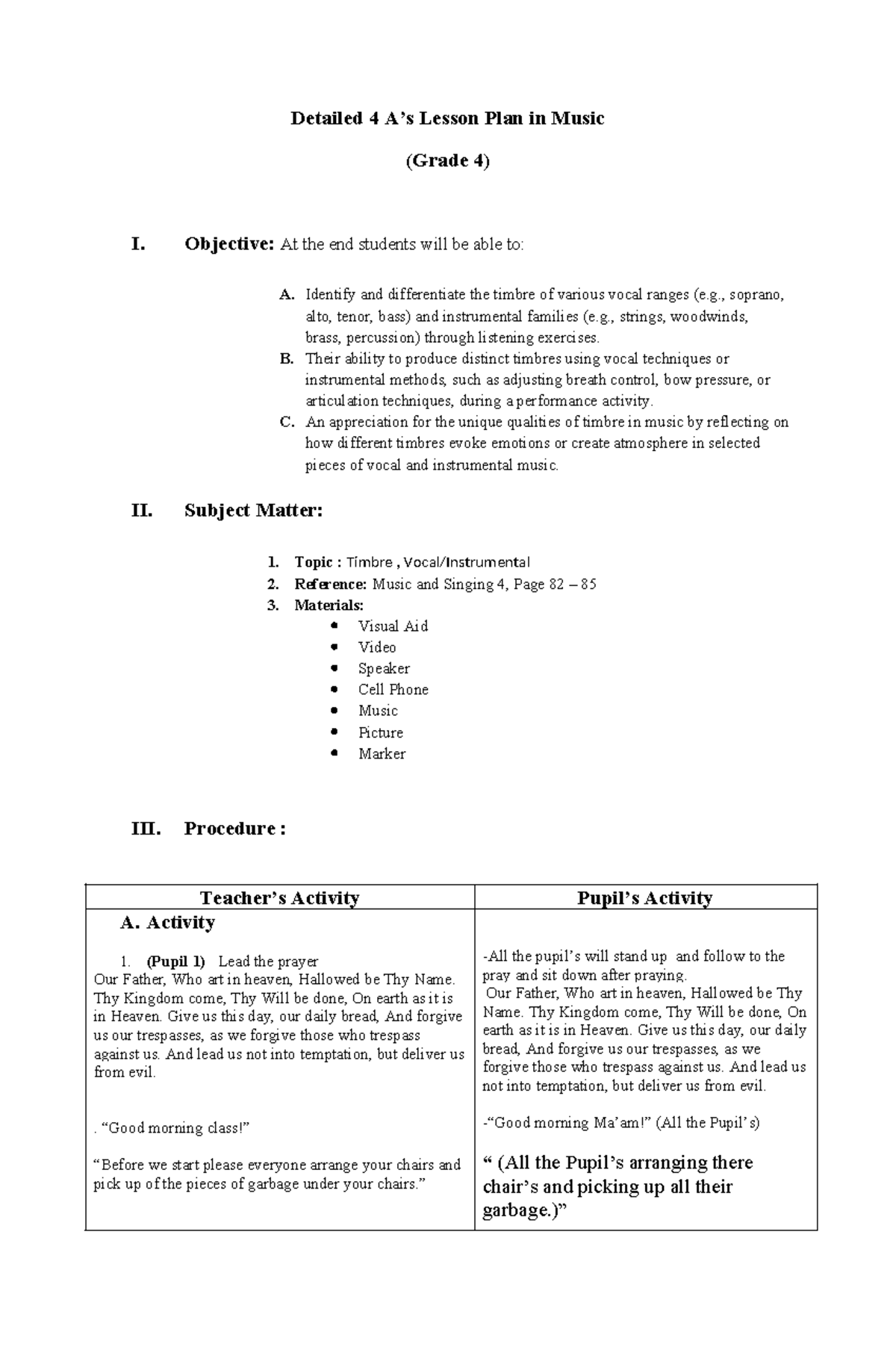 Detailed 4 A's Music Lesson Plan for Grade 4: Exploring Timbre - Studocu