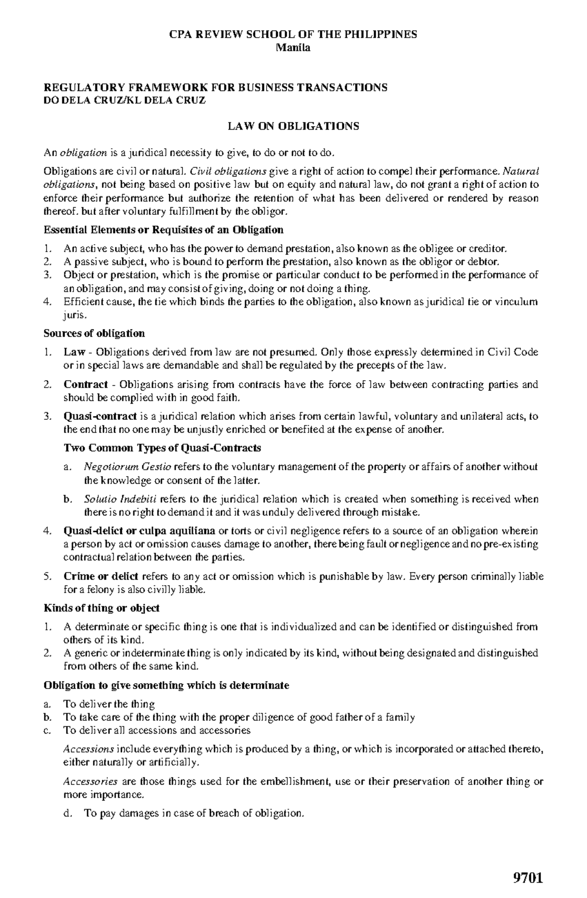 9701 - Supplementary Notes - Law on Obligations Overview and Key ...