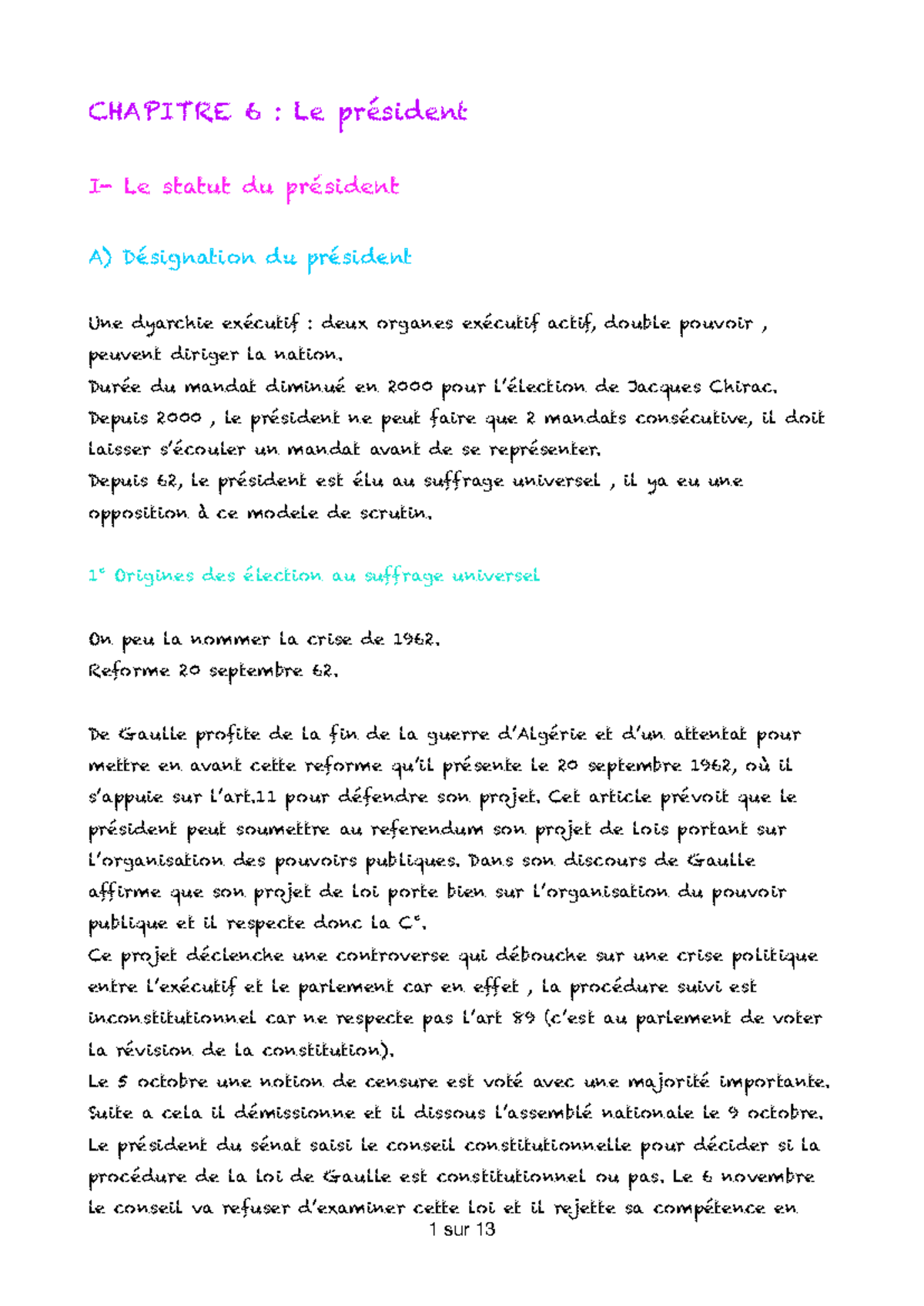 Chapitre 6 : Le Statut et les Pouvoirs du Président en France - Studocu