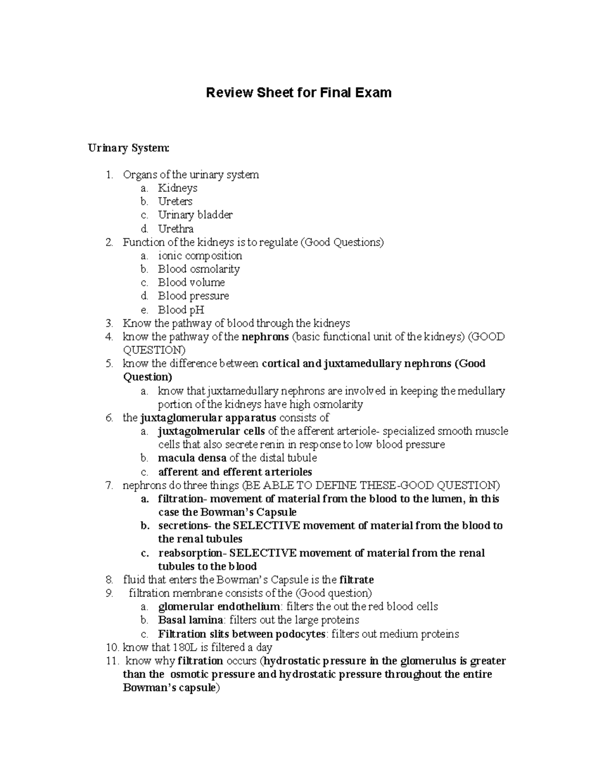 Review Sheet for Final Exam: Urinary System Overview (BIO 101) - Review ...