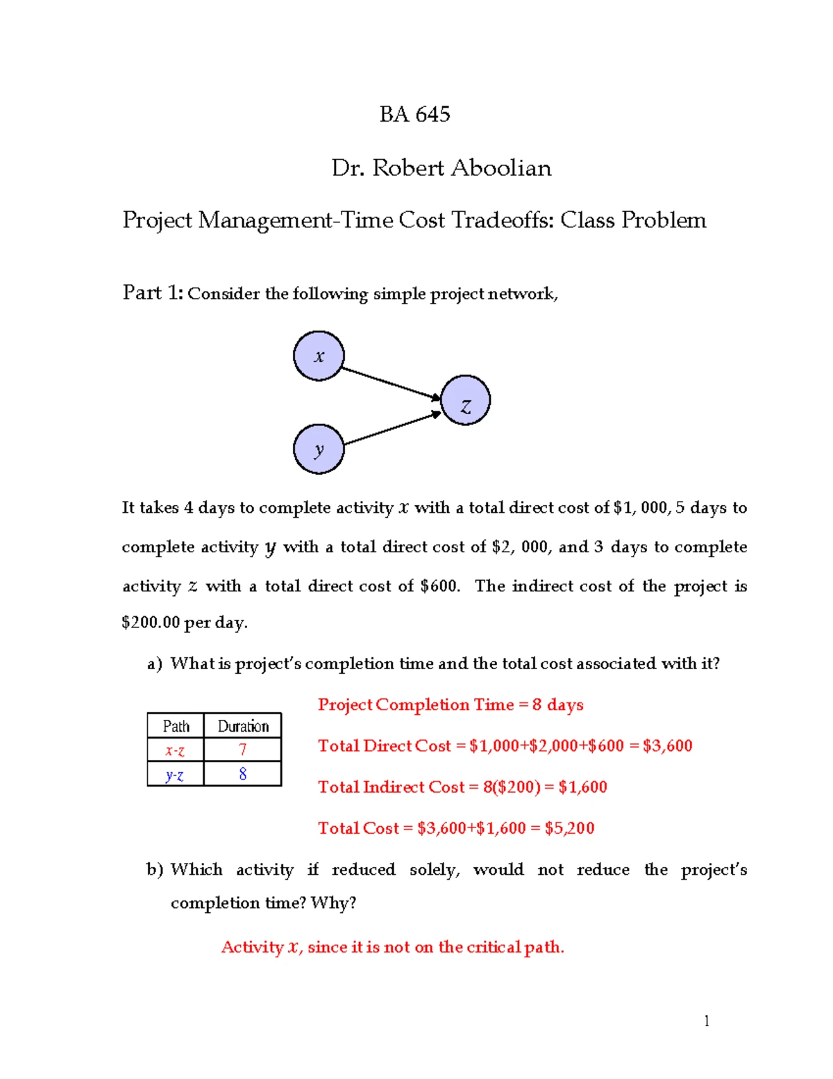 Class Problem 5 Project Management CPM - BA 645 Dr. Robert Aboolian ...