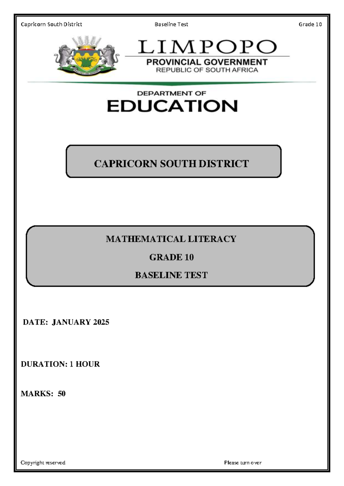 Grade 10 MLIT Baseline Test January 2025 - Capricorn South District ...