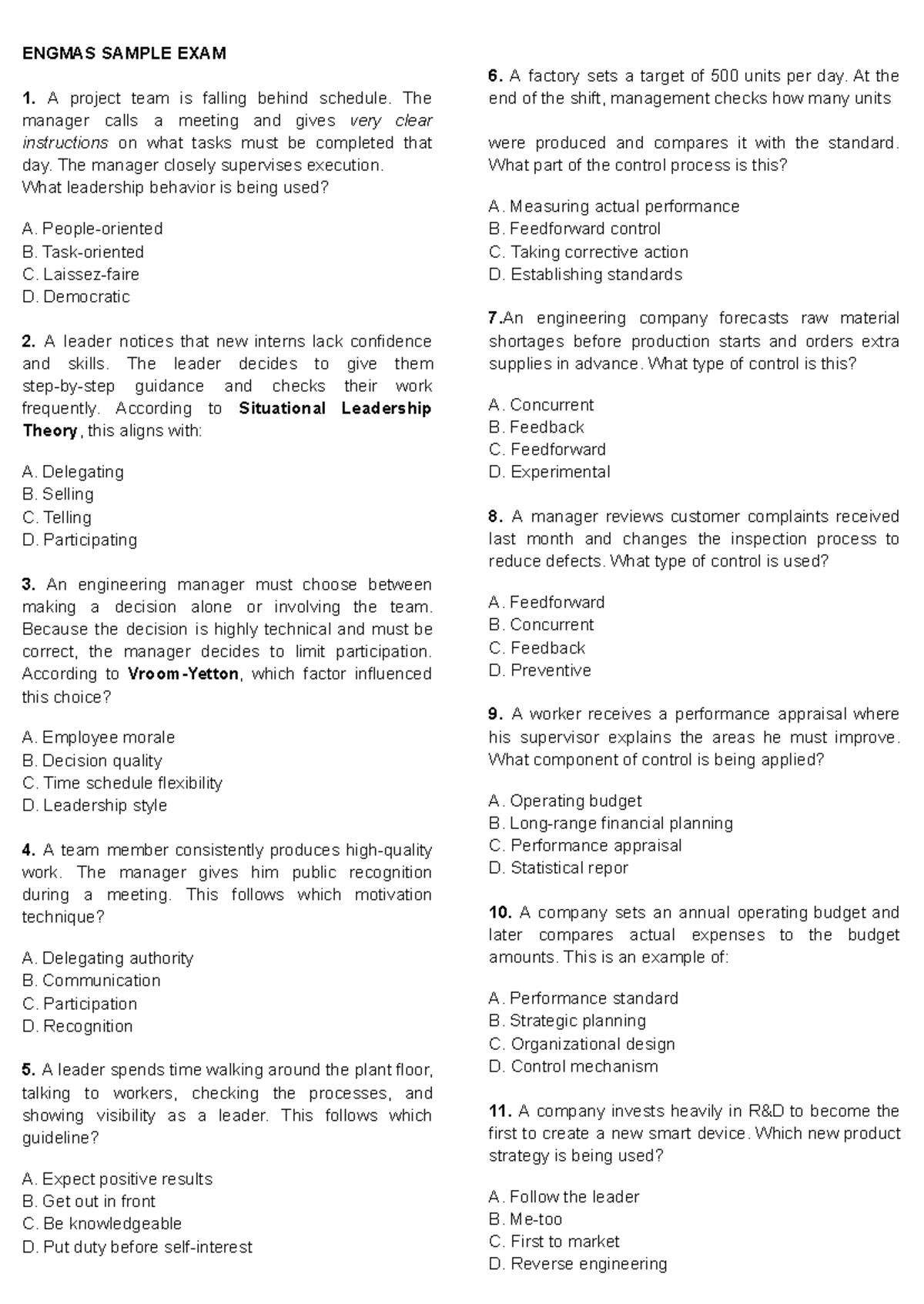 ENGMAS Engineering Management Final Exam Reviewer - Studocu