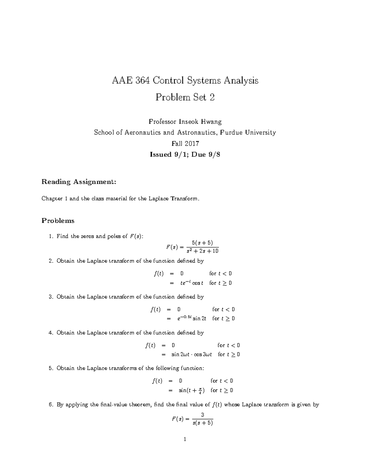 AAE 364 Fall 2017 - HW 2 Control Systems Problem Set 2 - Studocu
