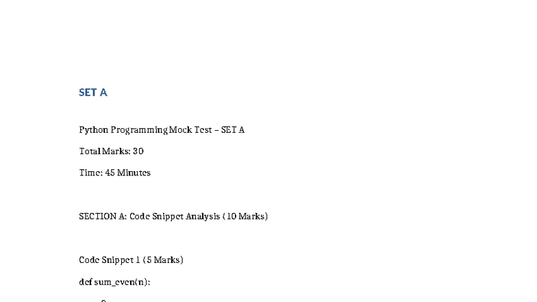 Python Programming Mock Test SET A - Total Marks: 30 - Studocu