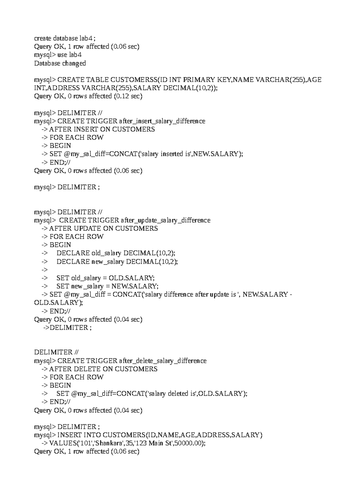 Data base management system program 4 - create database lab4 ; Query OK ...