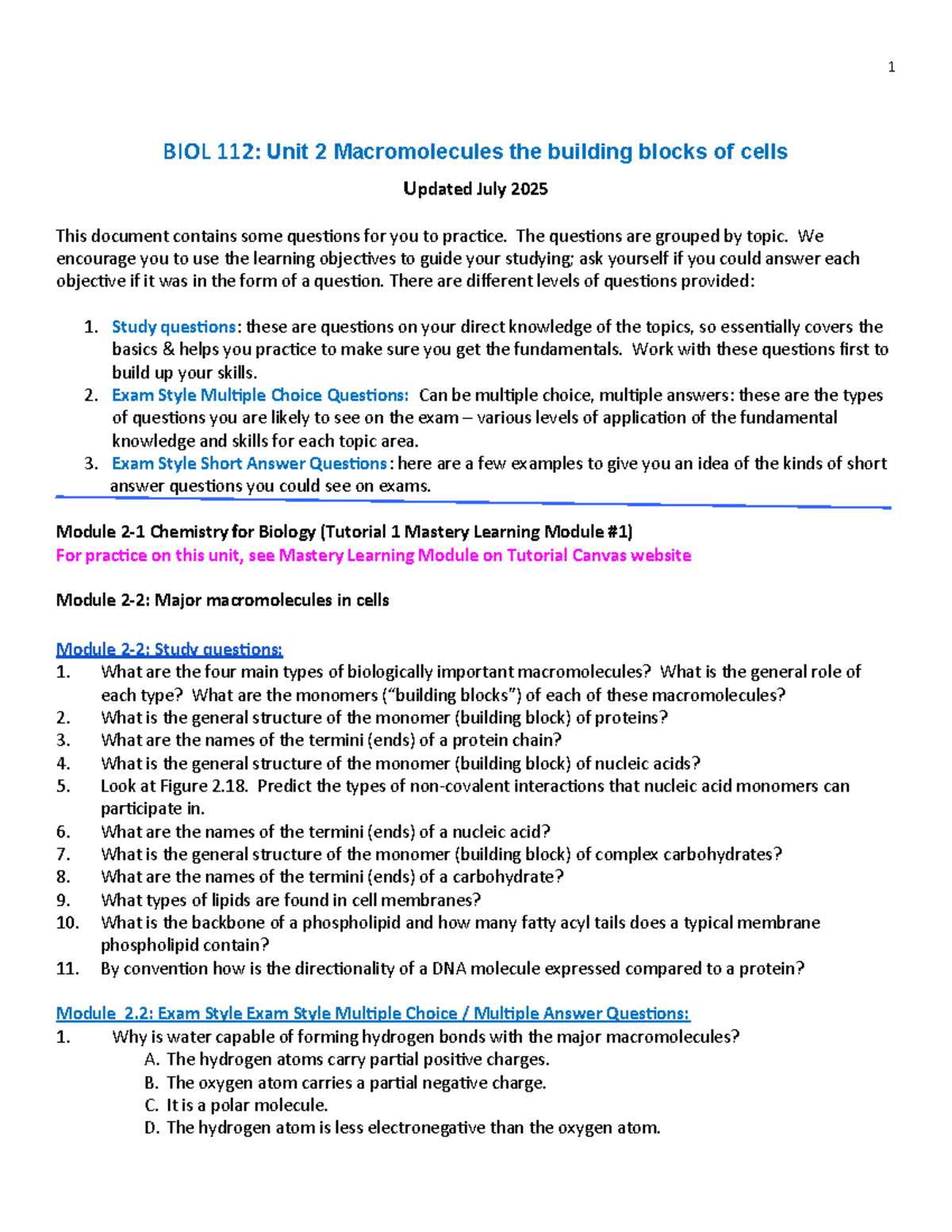 BIOL 112: Unit 2 Practice Questions on Macromolecules (Updated July ...