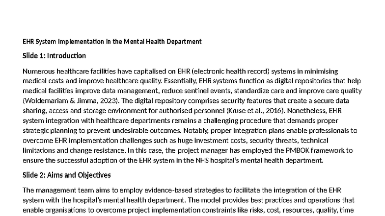 EHR System Implementation Plan for Mental Health Dept (NHS) - Studocu