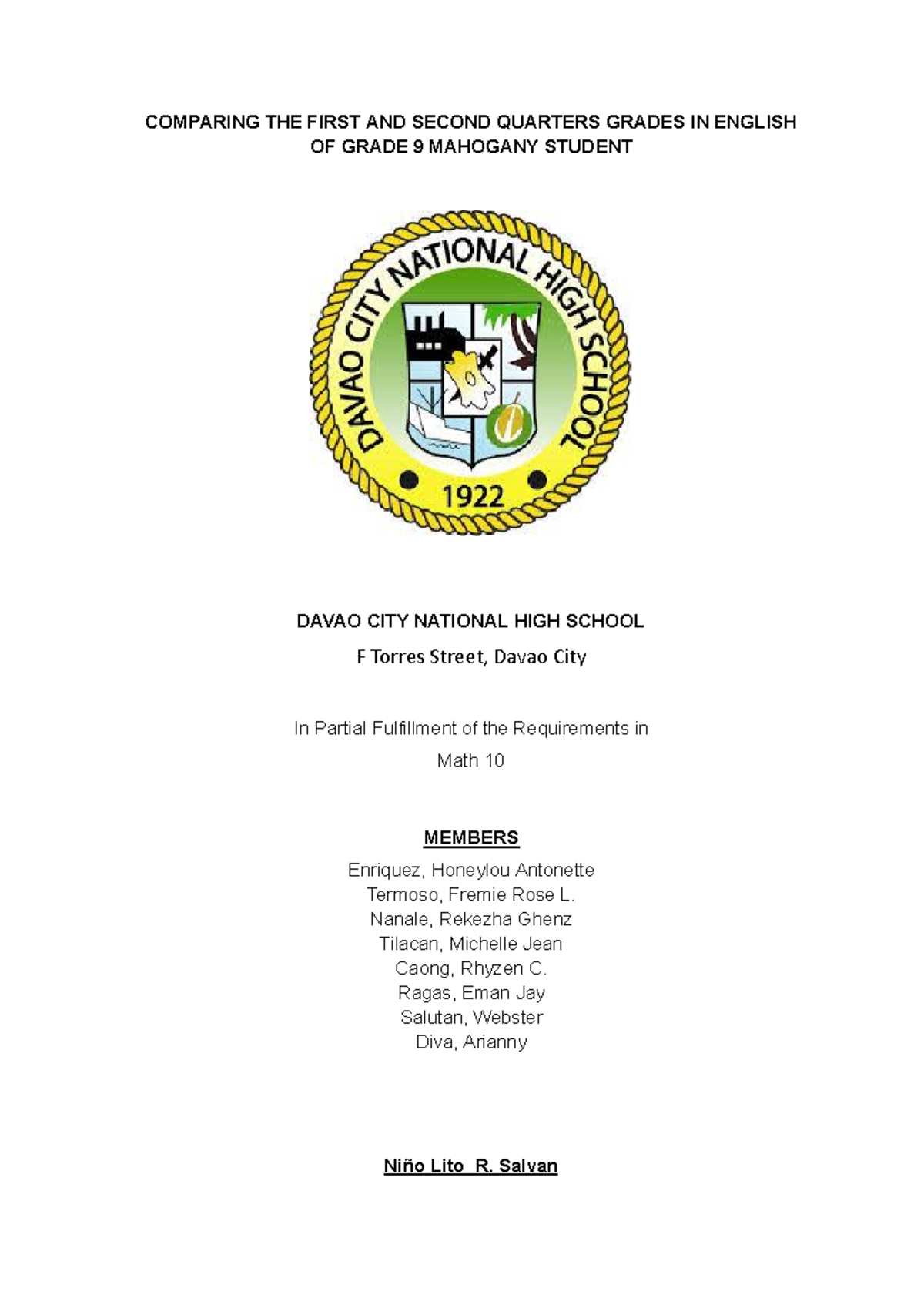 Comparing First and Second Quarter English Grades of Grade 9 Mahogany ...