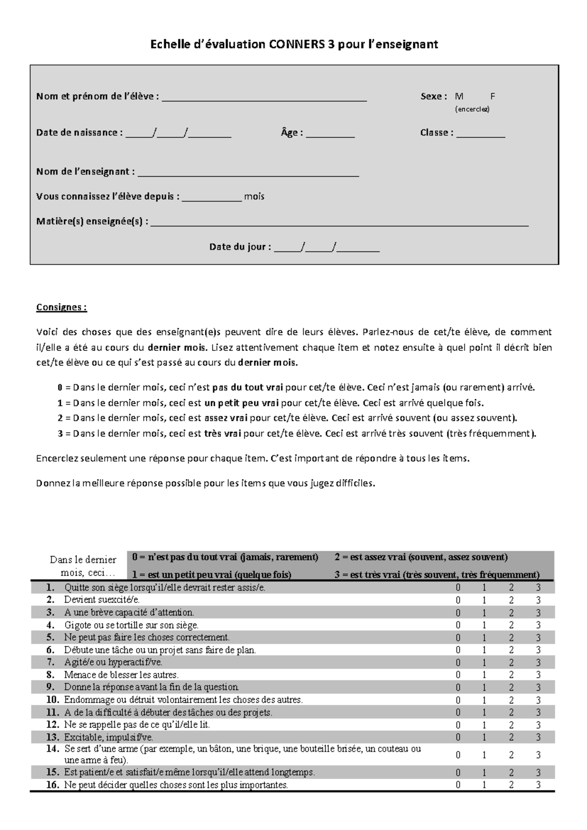Questionnaire CONNERS 3 - Évaluation Enseignant(e) - Studocu