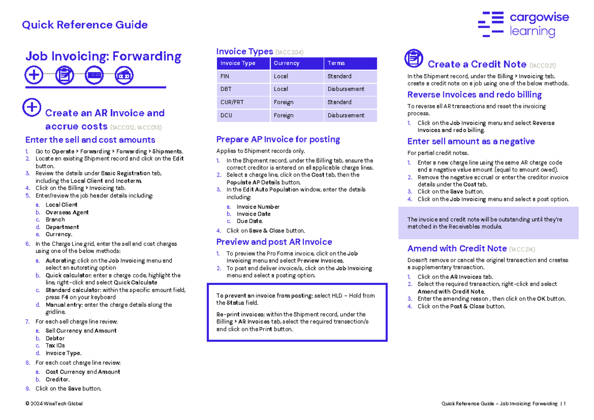 Quick Reference Guide: Job Invoicing & Credit Notes (1ACC204, 1ACC012 ...