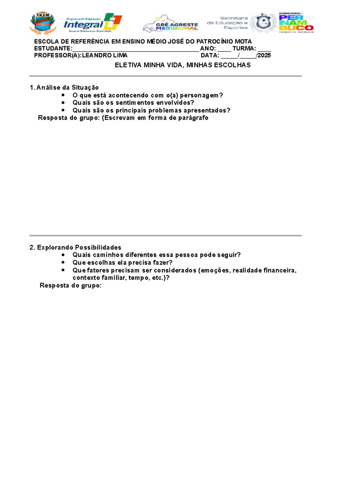 Eletiva Atividade - ESCOLA DE REFERÊNCIA EM ENSINO MÉDIO JOSÉ DO ...