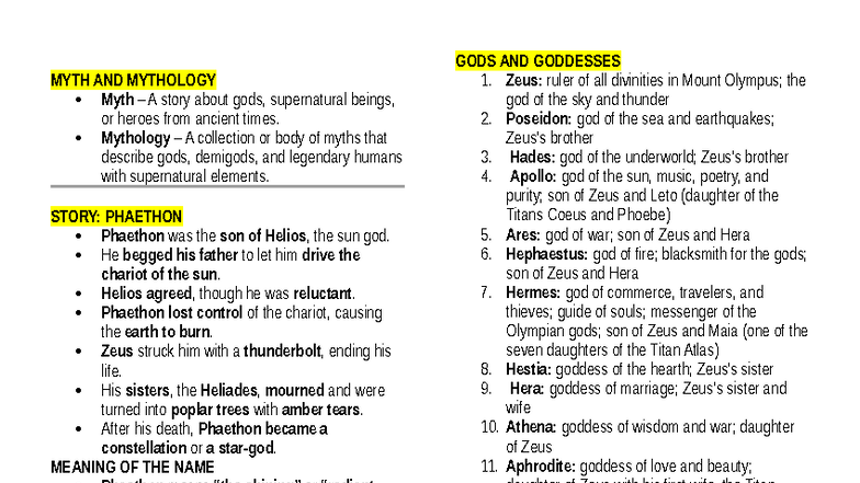 MYTH AND MYTHOLOGY: GREEK MYTHS AND LEGENDS (Course Code: MYTH101 ...