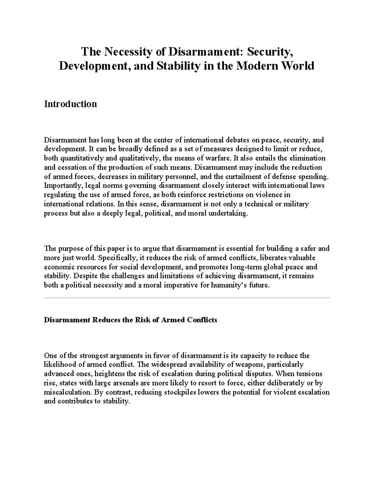 The Necessity of Disarmament: Security & Development Insights - Studocu