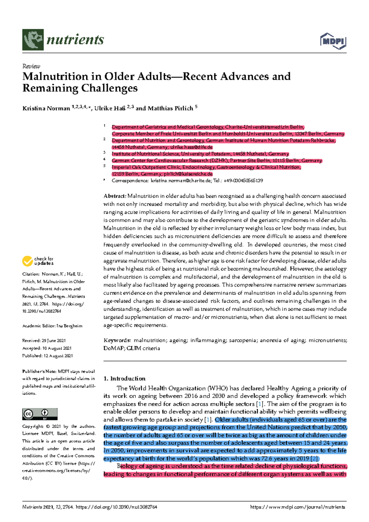 Nutrients 2021: Malnutrition in Older Adults - Advances & Challenges ...