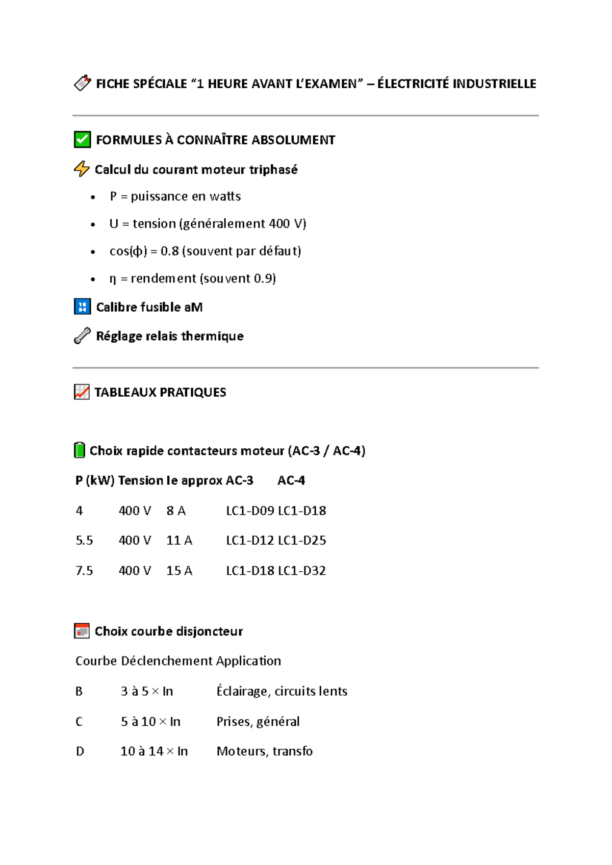 FICHE SPÉCIALE HEURE - ÉLECTRICITÉ INDUSTRIELLE FORMULES ESSENTIELLES ...