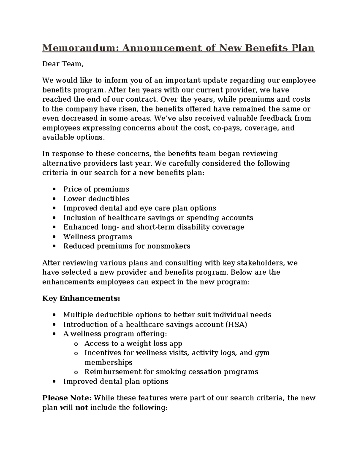 MBA 540 Module Eight: New Benefits Plan Announcement and Changes - Studocu