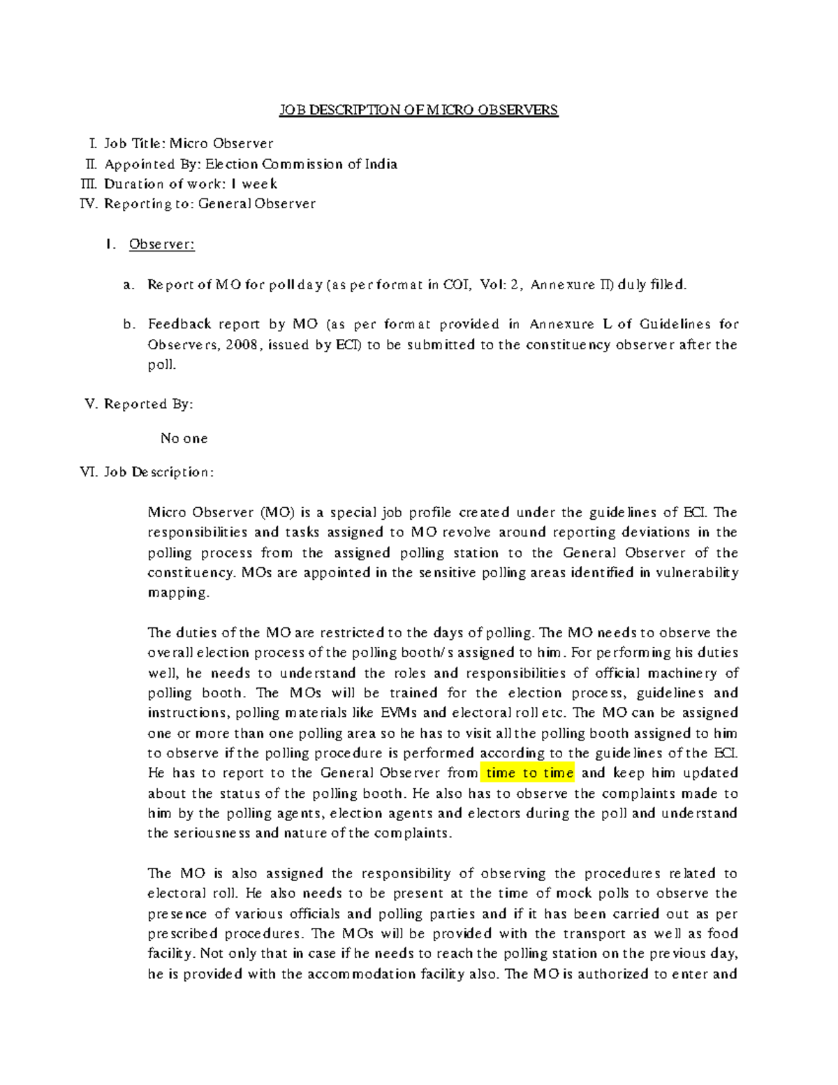 Job Description of Micro Observers (MO) - ECI Guidelines - Studocu