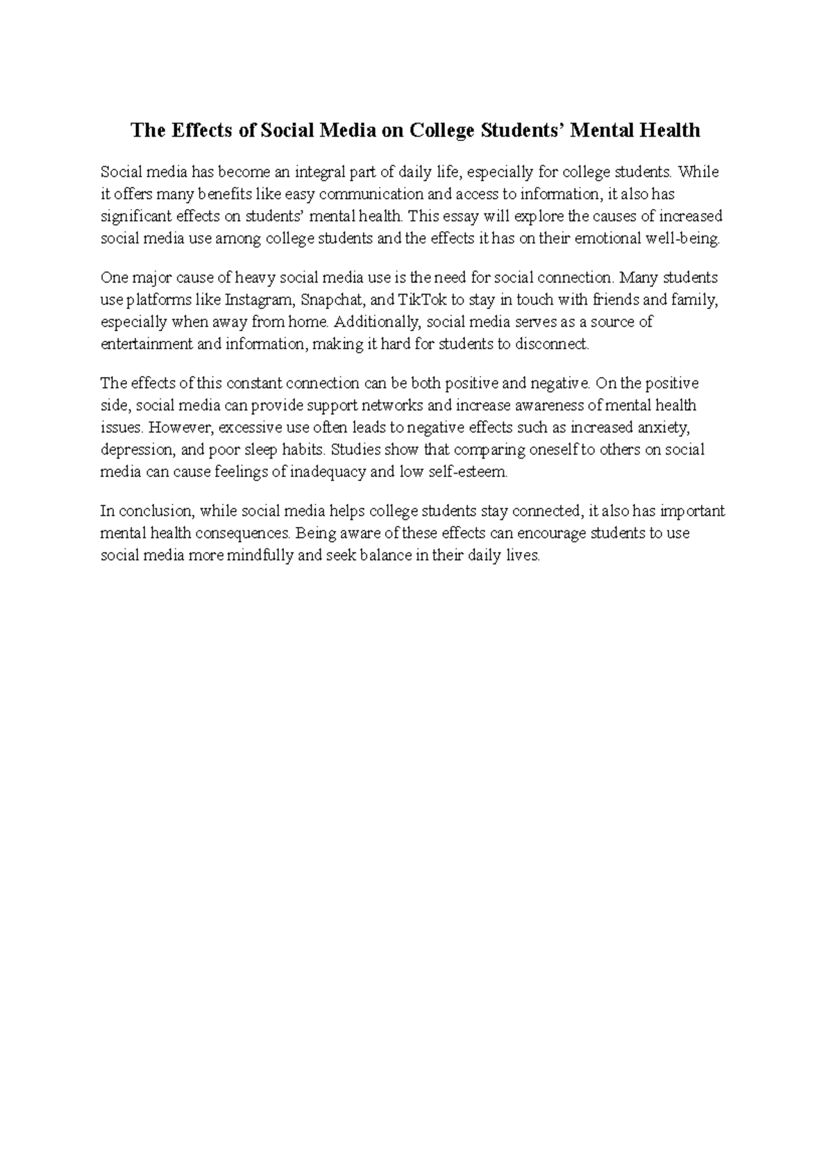The Effects of Social Media on College Mental Health - IT 2021 Essay ...